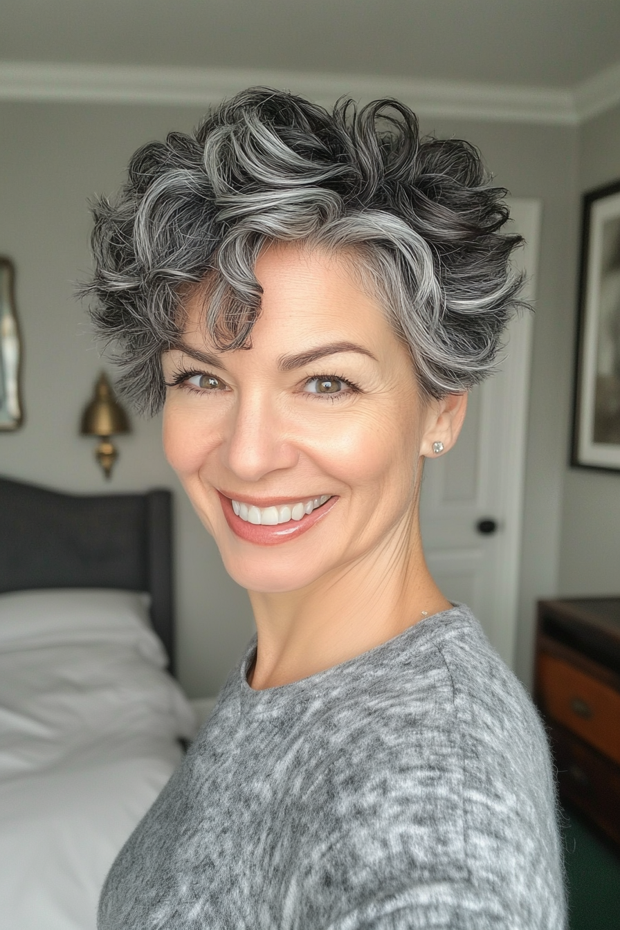 2. Layered Pixie with Salt and Pepper Blend (Short Curly Hairstyles For Women Over 50) - Short Curly Hairstyles For Women Over 50