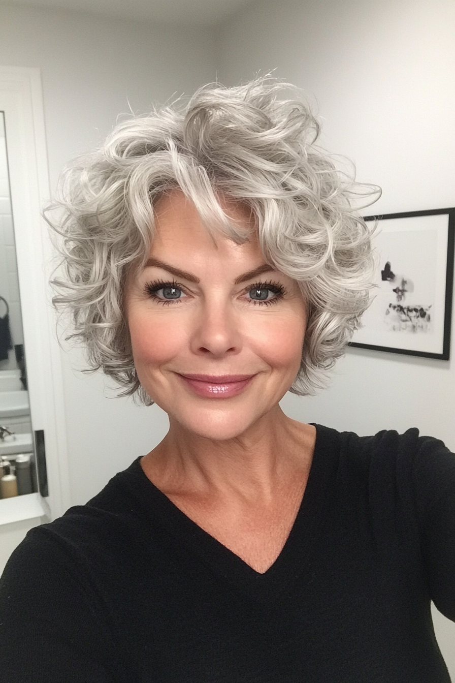 6. Tousled Ear-Length Cut in Silver Blonde (Short Curly Hairstyles For Women Over 50) - Short Curly Hairstyles For Women Over 50