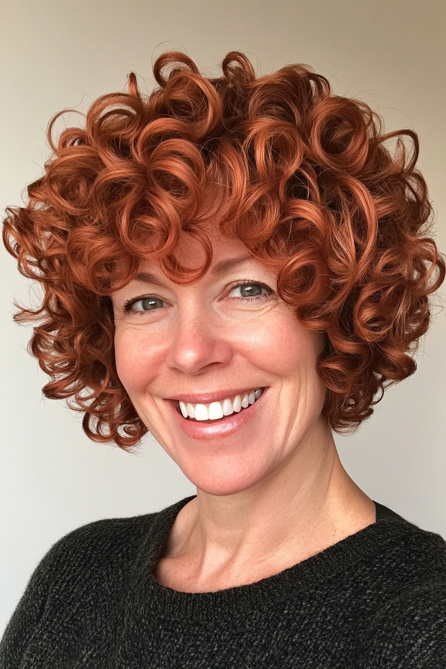 7. Short Spiral Cut with Deep Auburn Hue (Short Curly Hairstyles For Women Over 50) - Short Curly Hairstyles For Women Over 50