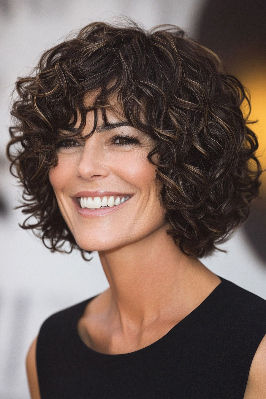 11. Chin-Length Bob with Feathered Curls in Dark Chocolate (Short Curly Hairstyles For Women Over 50) - Short Curly Hairstyles For Women Over 50