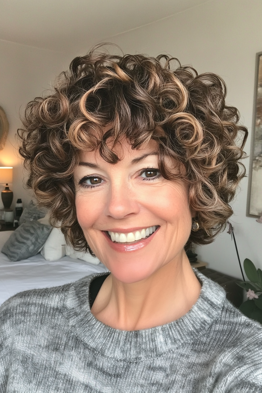12. Messy Crop with Ash Brown Highlights (Short Curly Hairstyles For Women Over 50) - Short Curly Hairstyles For Women Over 50