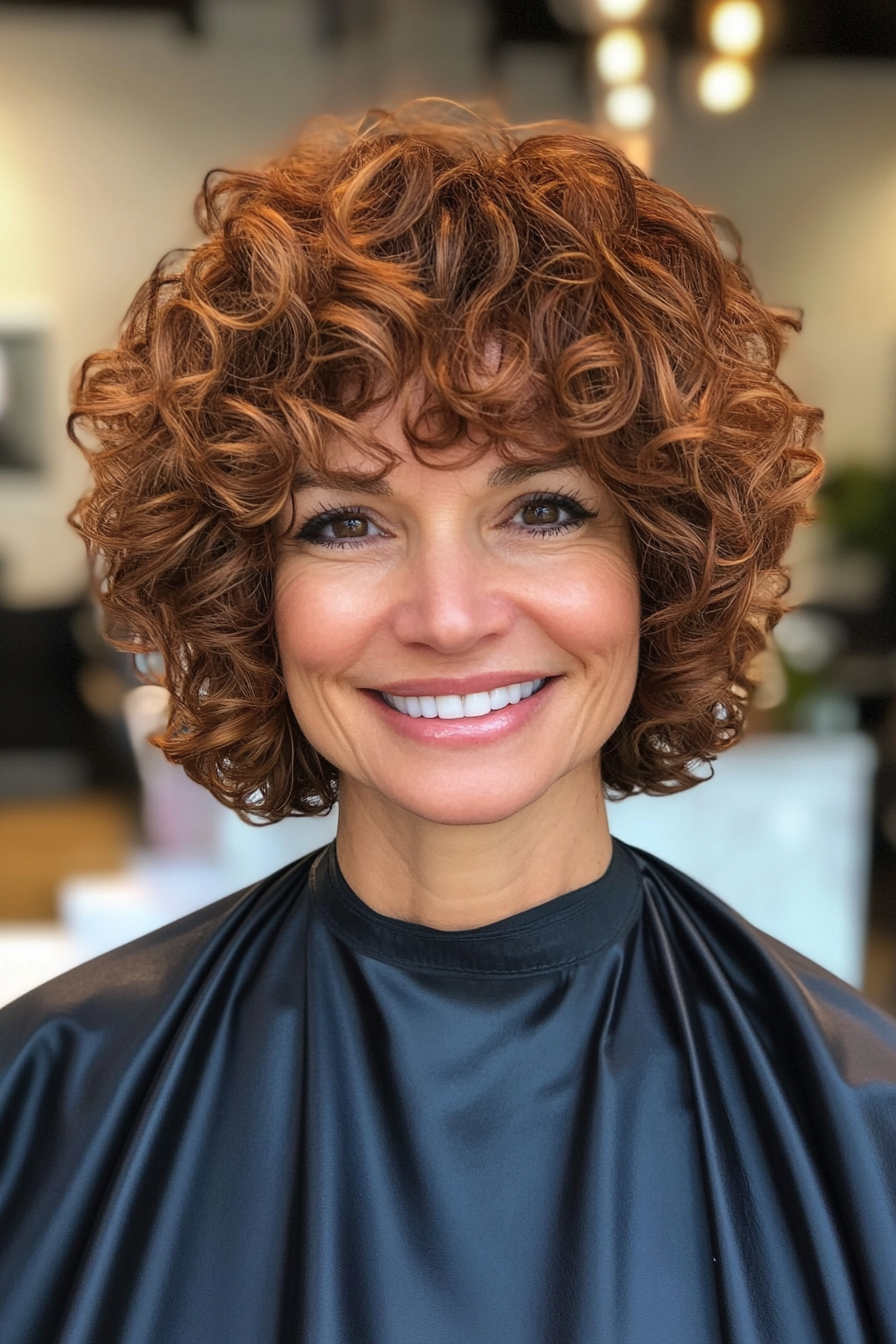 13. Voluminous Curly Lob in Warm Cinnamon Brown (Short Curly Hairstyles For Women Over 50) - Short Curly Hairstyles For Women Over 50