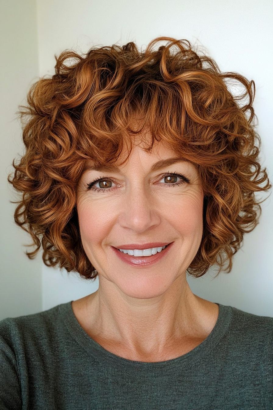 14. Short Curly Shag with Sunlit Copper Highlights (Short Curly Hairstyles For Women Over 50) - Short Curly Hairstyles For Women Over 50