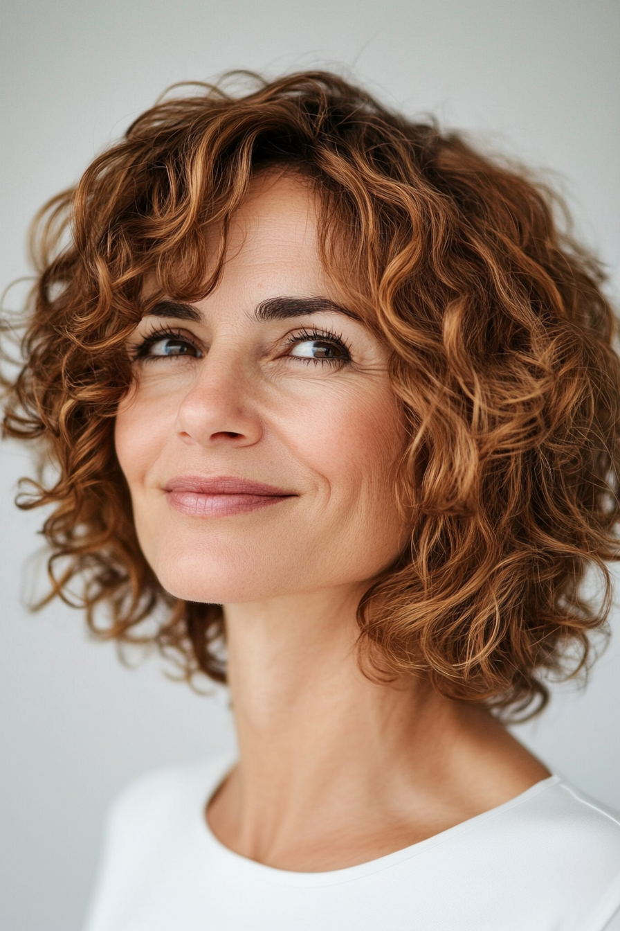 16. Textured Curly Bob in Chestnut and Honey Tones (Short Curly Hairstyles For Women Over 50) - Short Curly Hairstyles For Women Over 50