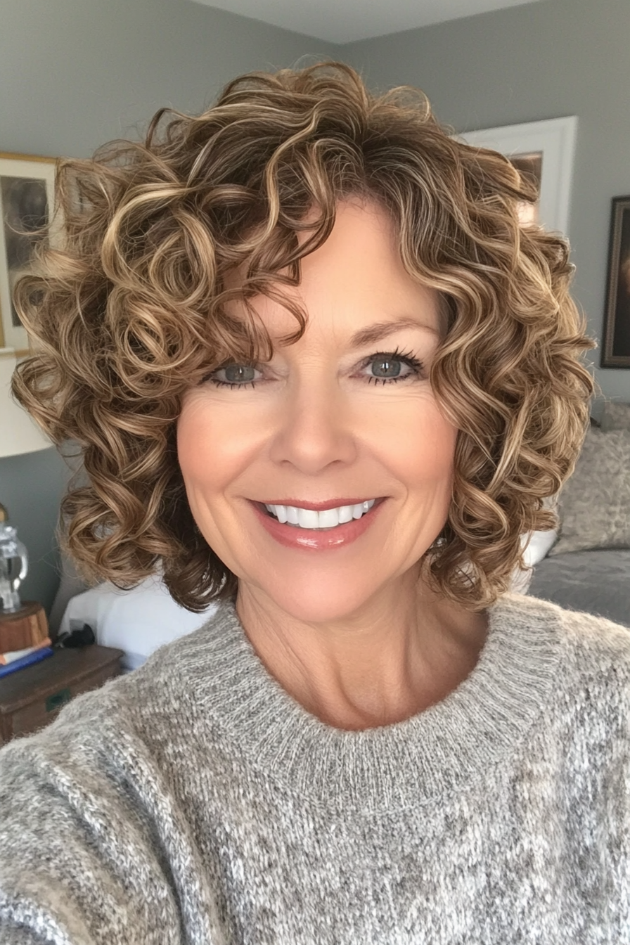 19. Layered Curly Bob in Sandy Brown (Short Curly Hairstyles For Women Over 50) - Short Curly Hairstyles For Women Over 50