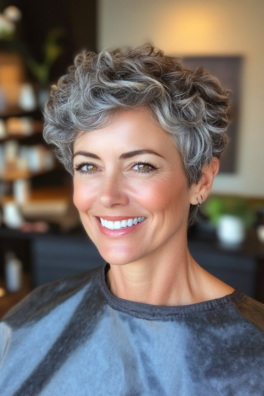 20. Tight Curly Pixie in Soft Gray (Short Curly Hairstyles For Women Over 50) - Short Curly Hairstyles For Women Over 50