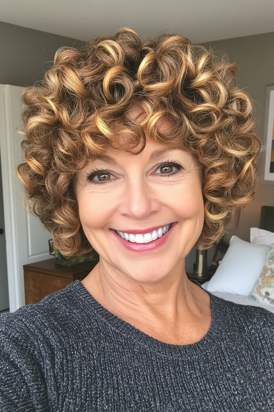 21. Sculpted Curls with Golden Highlights (Short Curly Hairstyles For Women Over 50) - Short Curly Hairstyles For Women Over 50