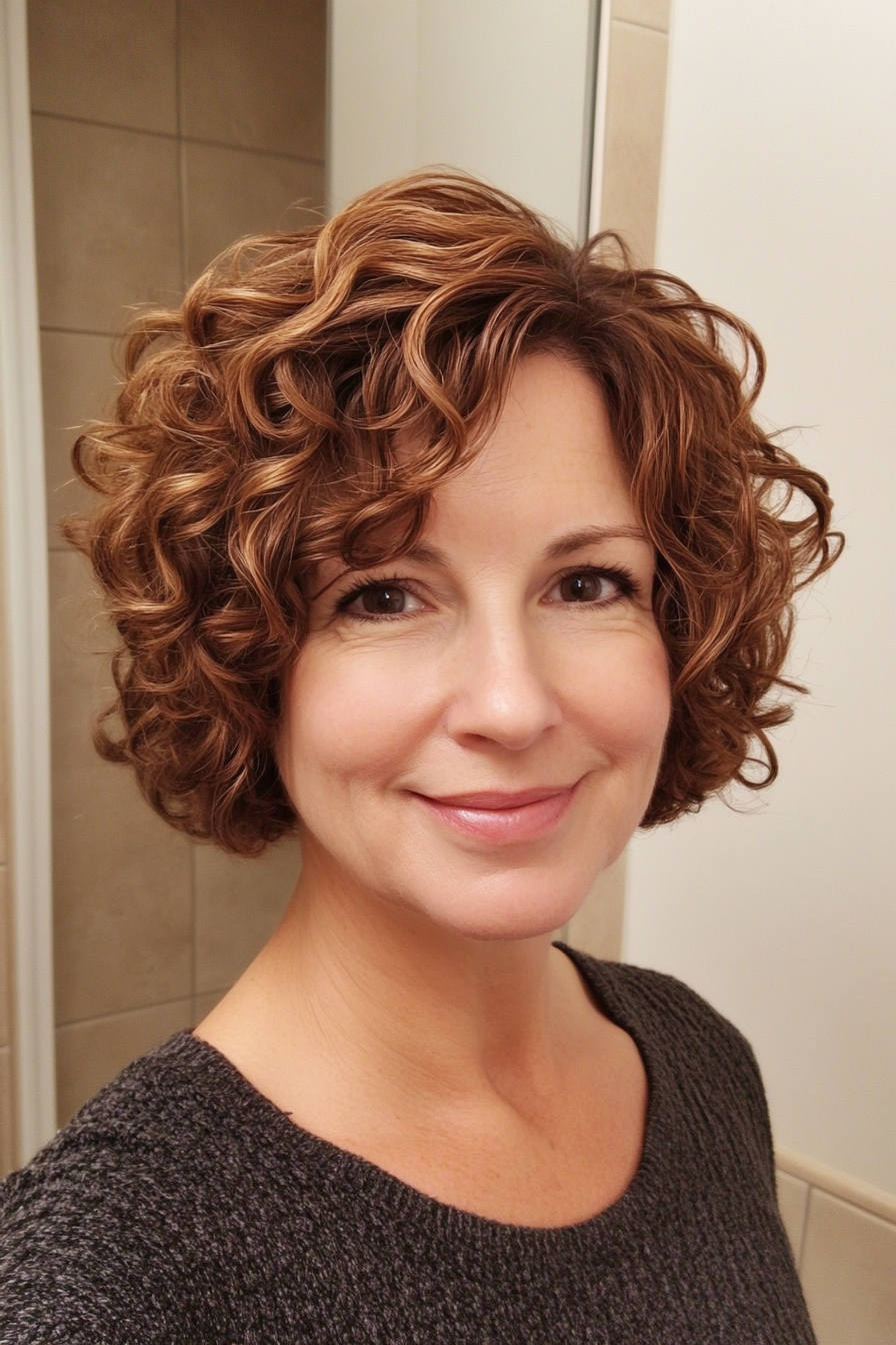 23. Asymmetrical Curly Cut in Warm Walnut Brown (Short Curly Hairstyles For Women Over 50) - Short Curly Hairstyles For Women Over 50