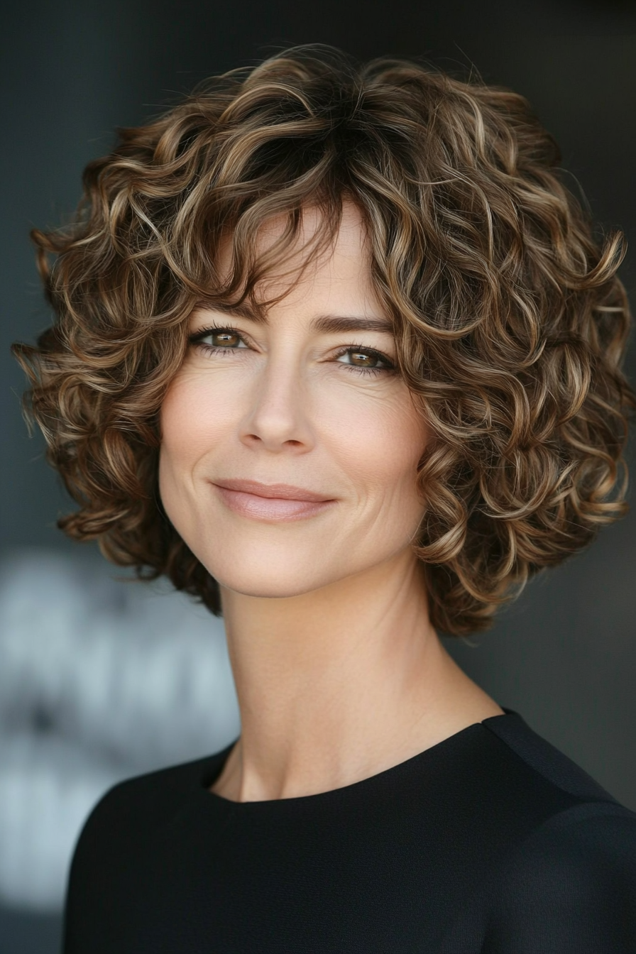 24. Curly Tapered Bob in Soft Hazelnut (Short Curly Hairstyles For Women Over 50) - Short Curly Hairstyles For Women Over 50