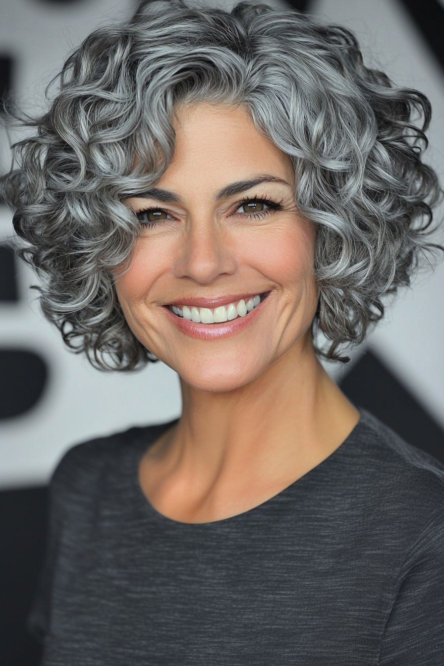 25. Cropped Curls with Subtle Silver Balayage (Short Curly Hairstyles For Women Over 50) - Short Curly Hairstyles For Women Over 50