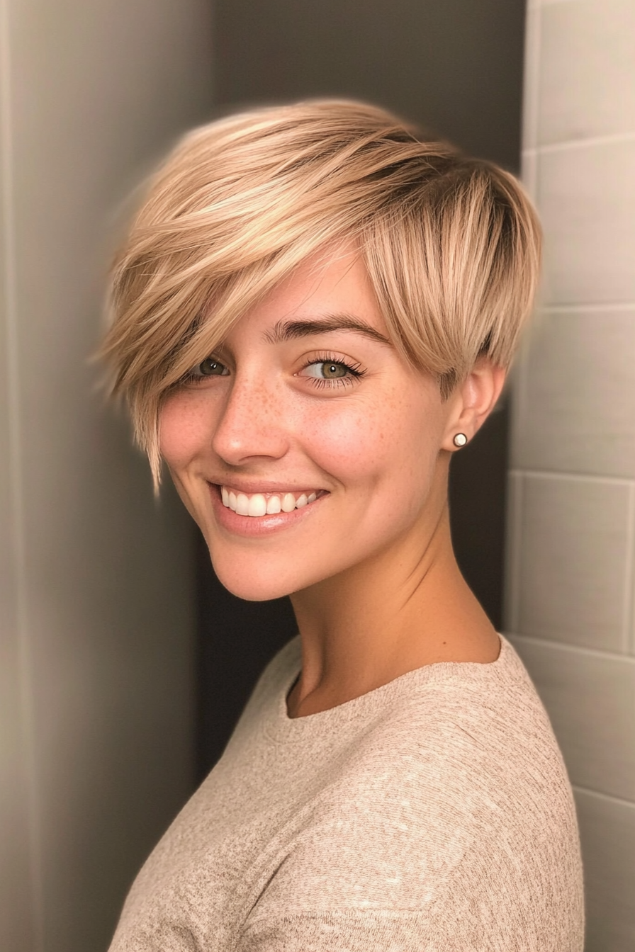 2. Choppy Pixie with Side-Swept Bangs in Honey Blonde (Short Blonde Hairstyles With Bangs) - Short Blonde Hairstyles With Bangs