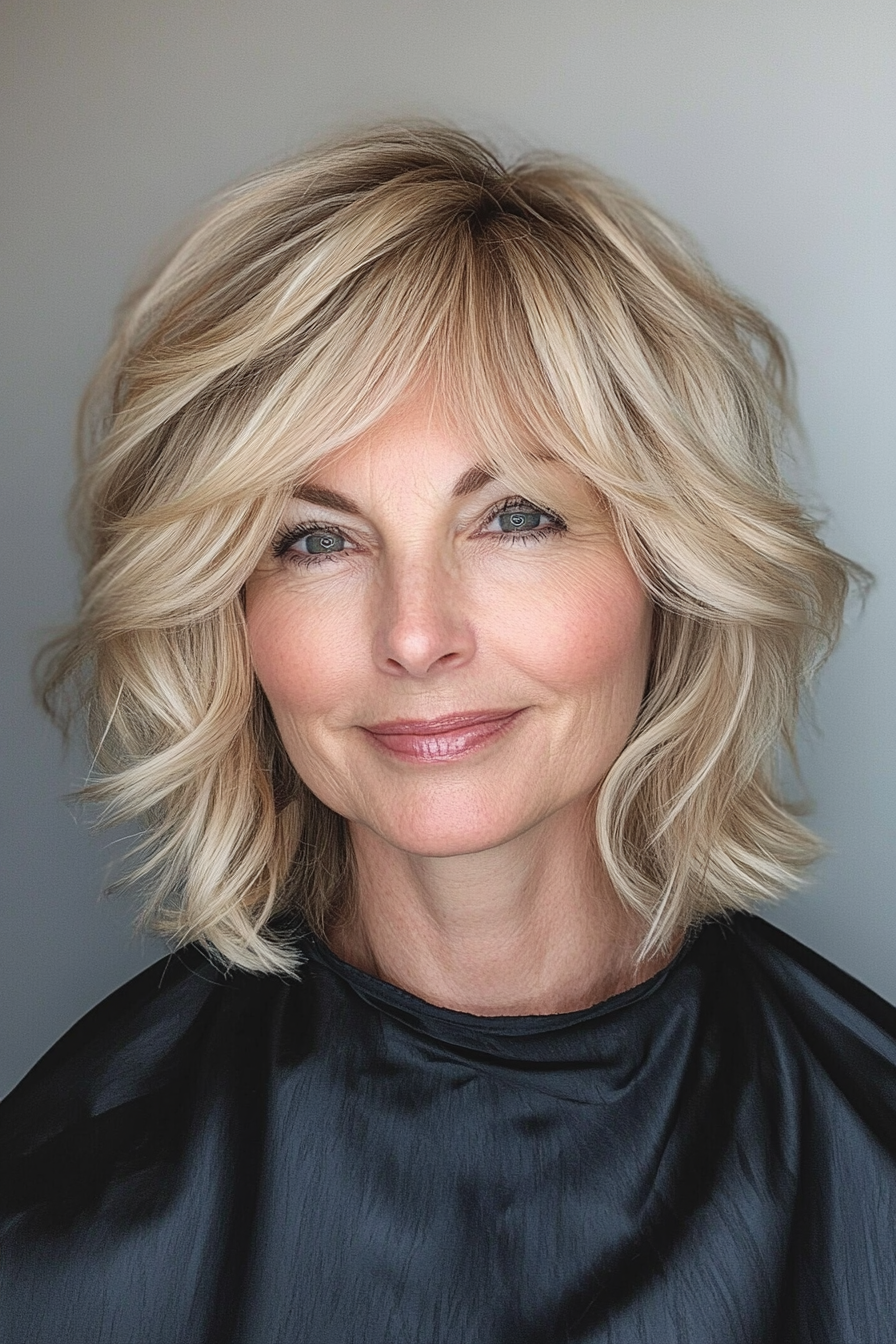4. Layered Blonde Lob with Curtain Bangs (Short Blonde Hairstyles With Bangs) - Short Blonde Hairstyles With Bangs
