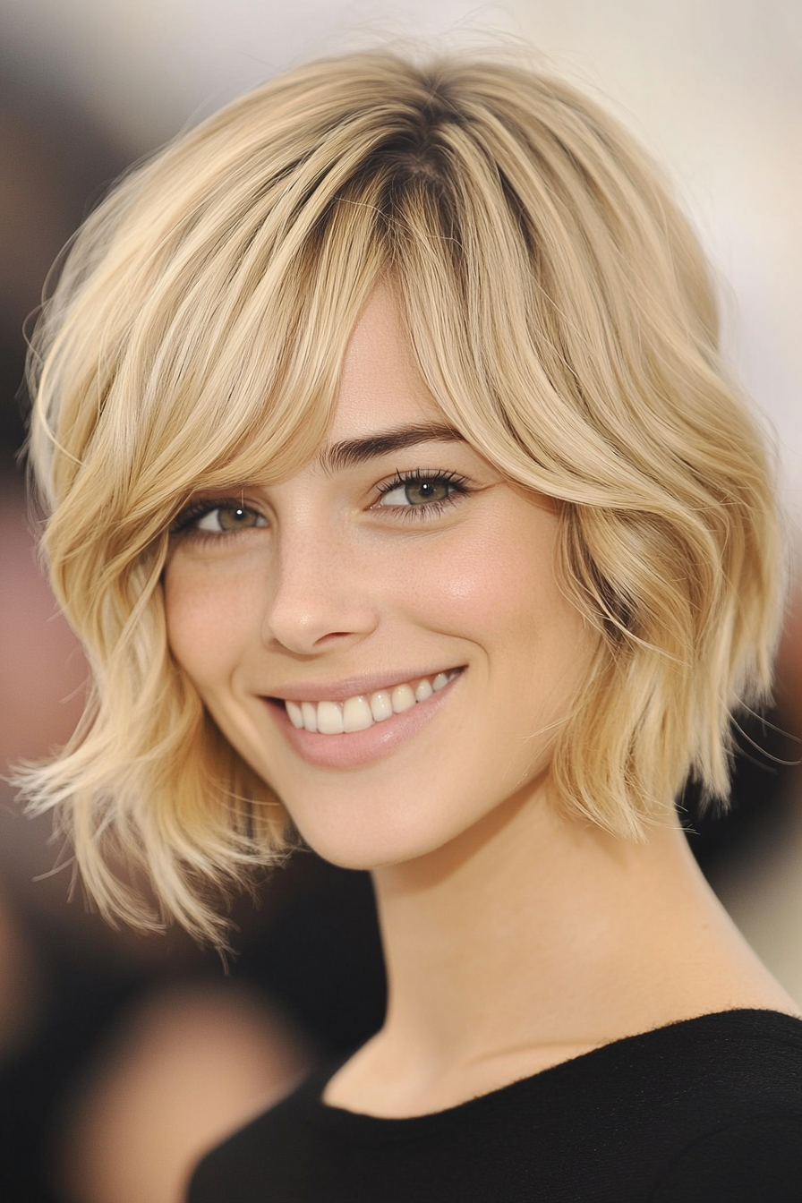 6. Wavy Short Bob with Side Bangs in Beige Blonde (Short Blonde Hairstyles With Bangs) - Short Blonde Hairstyles With Bangs