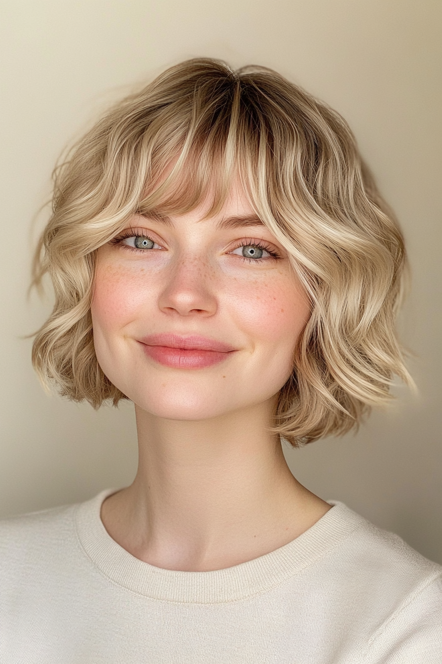 9. Short Curly Bob with Rounded Bangs in Light Blonde (Short Blonde Hairstyles With Bangs) - Short Blonde Hairstyles With Bangs