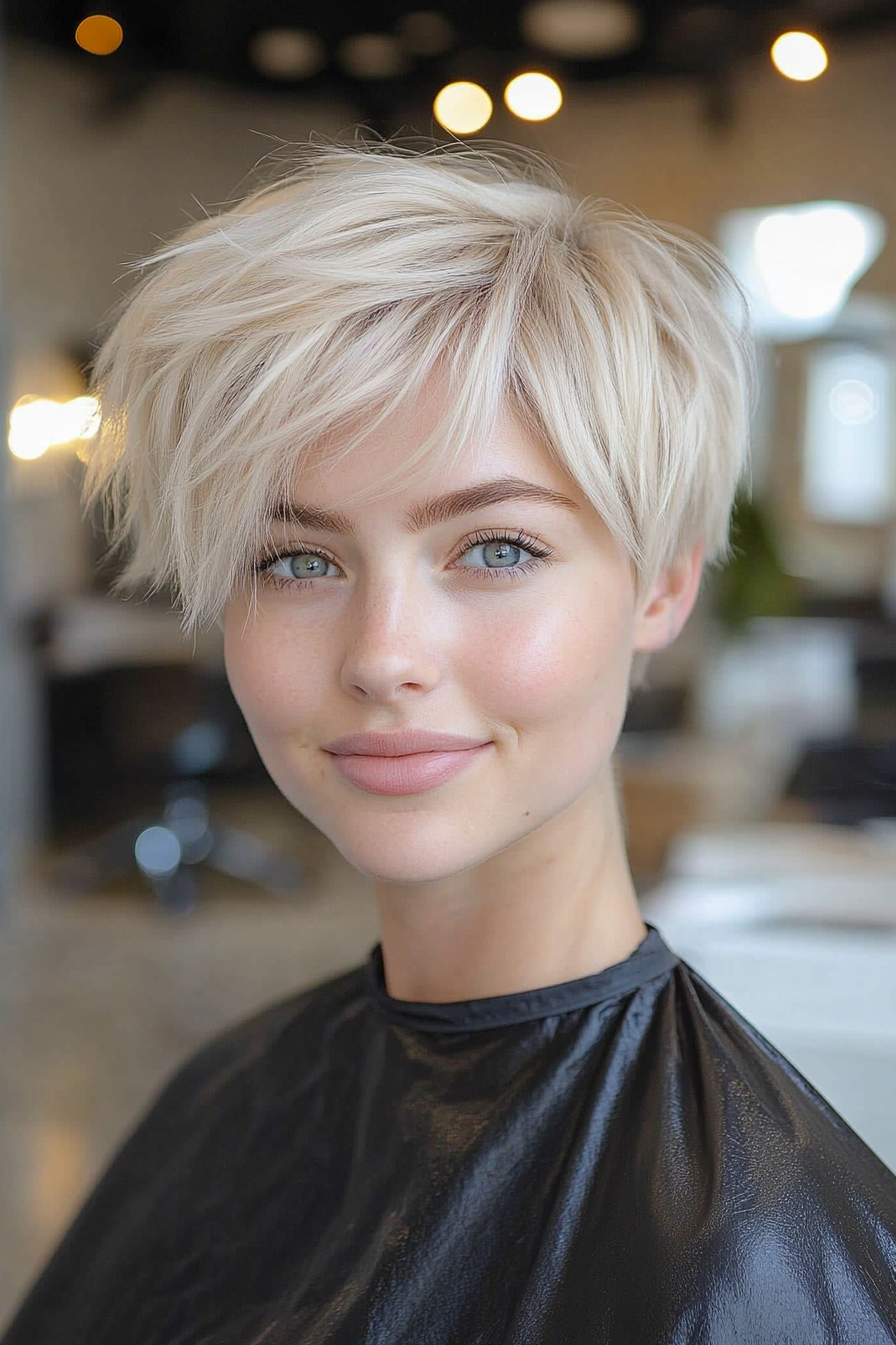10. Textured Pixie in Sandy Blonde with Feathered Bangs (Short Blonde Hairstyles With Bangs) - Short Blonde Hairstyles With Bangs