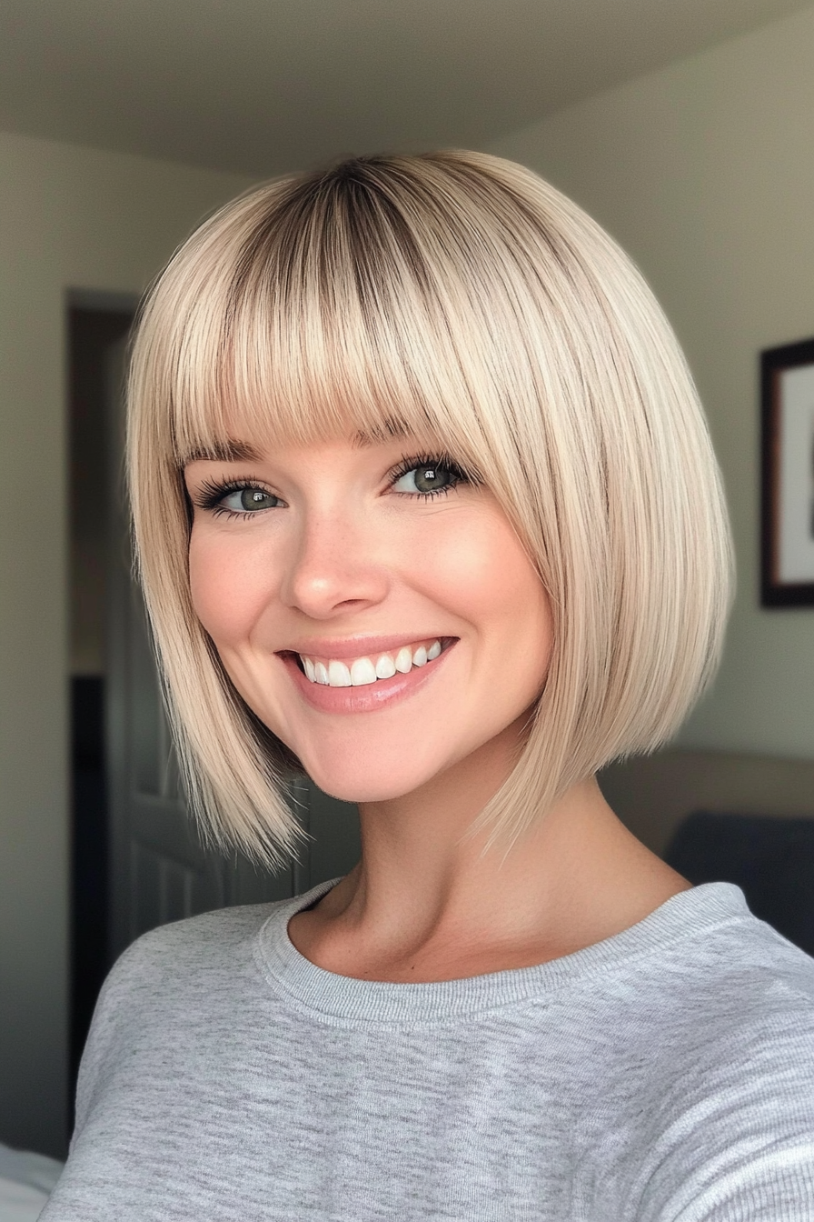 11. Sleek Chin-Length Blonde Bob with Tapered Bangs (Short Blonde Hairstyles With Bangs) - Short Blonde Hairstyles With Bangs