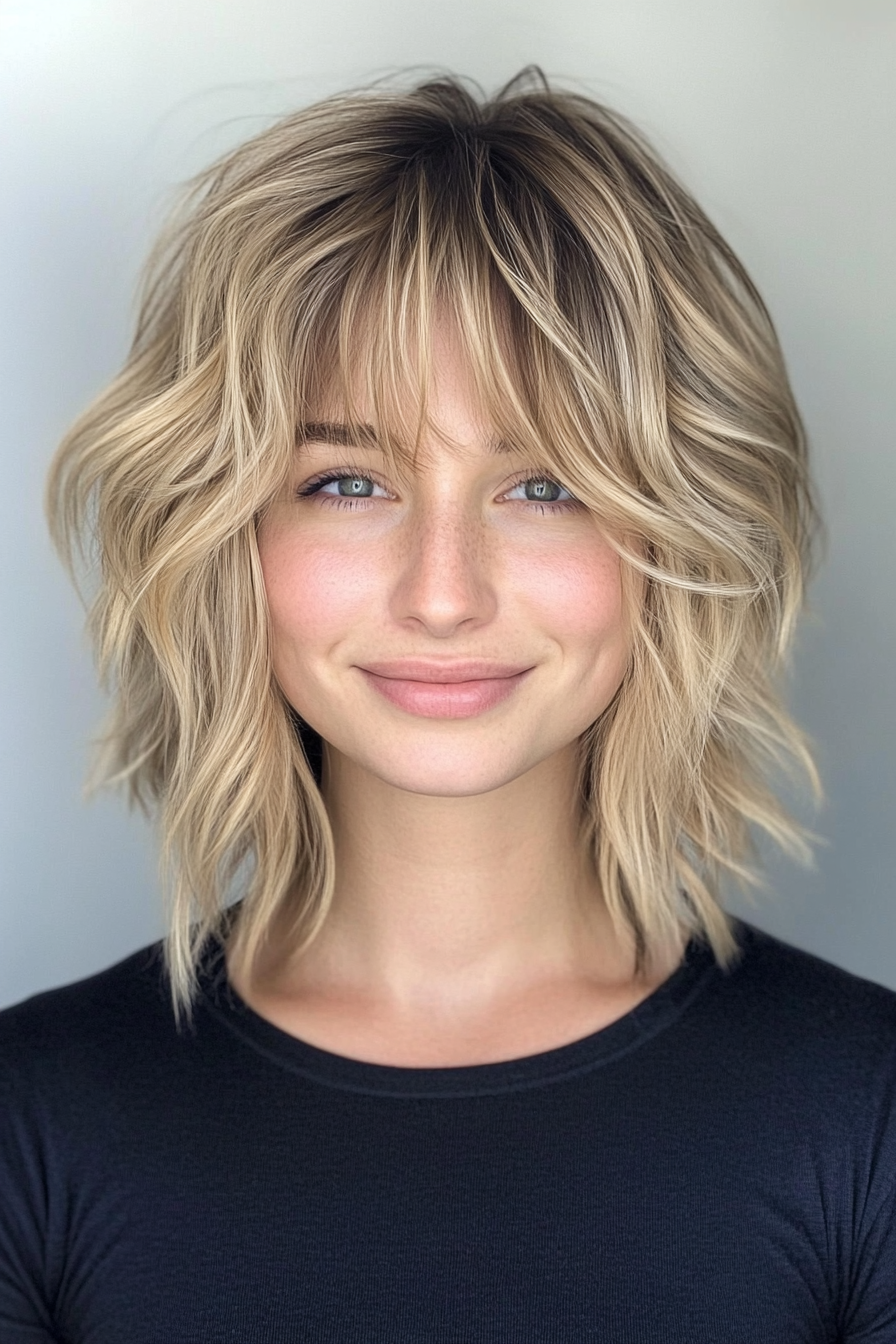12. Wavy Shag with Wispy Curtain Bangs in Dark Blonde (Short Blonde Hairstyles With Bangs) - Short Blonde Hairstyles With Bangs