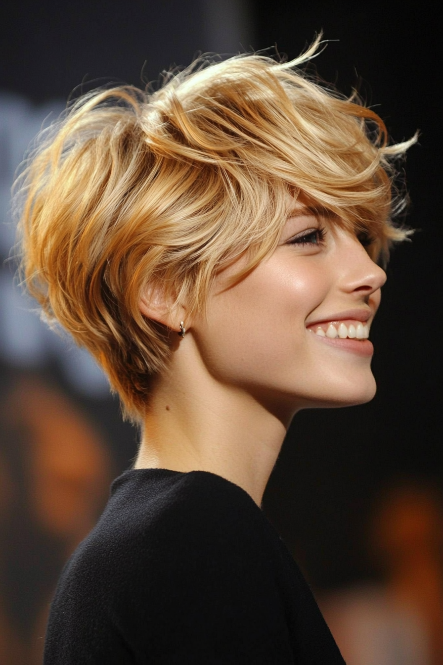 13. Short Messy Pixie with Long Side Bangs in Golden Blonde (Short Blonde Hairstyles With Bangs) - Short Blonde Hairstyles With Bangs