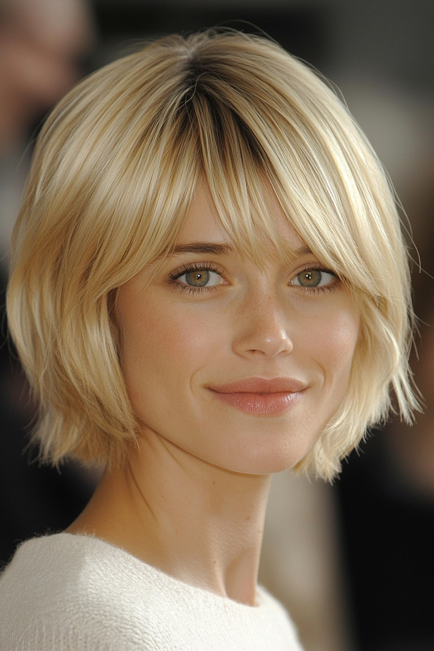 17. Layered Blonde Bowl Cut with Blended Bangs (Short Blonde Hairstyles With Bangs) - Short Blonde Hairstyles With Bangs