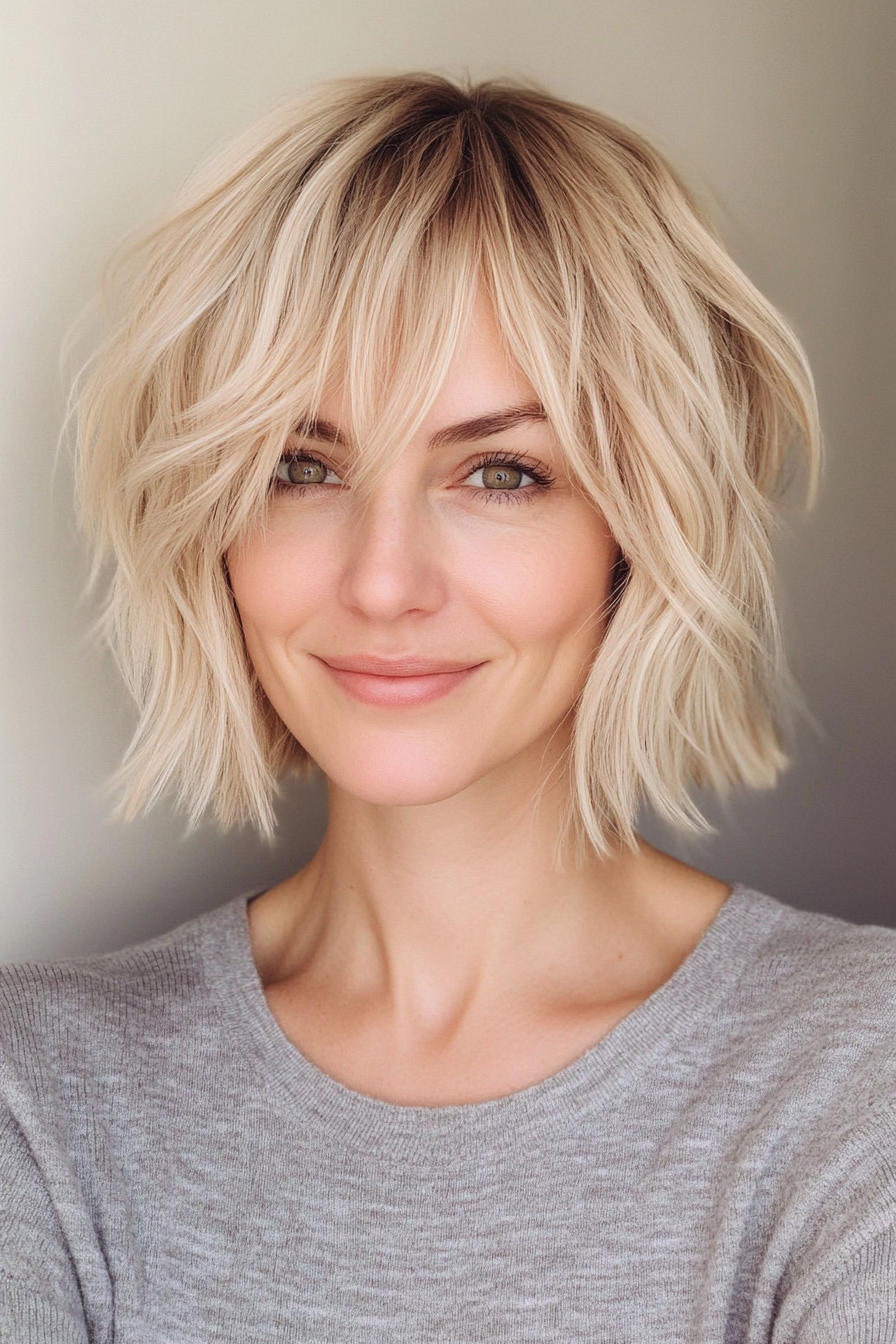 18. Jaw-Length Textured Blonde Bob with Piecey Bangs (Short Blonde Hairstyles With Bangs) - Short Blonde Hairstyles With Bangs