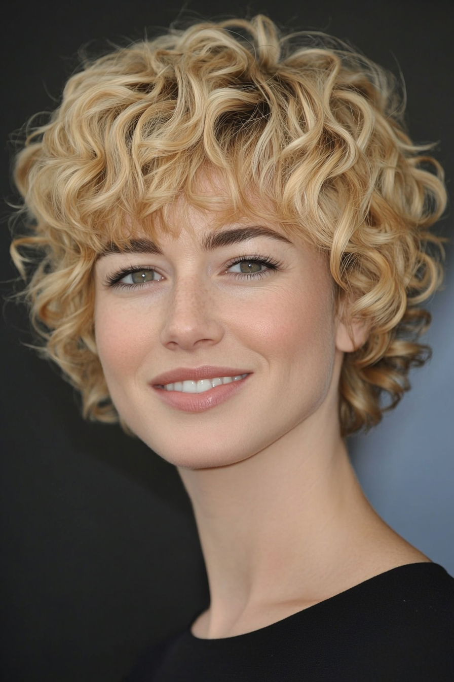 19. Short Curly Blonde Pixie with Soft Bangs (Short Blonde Hairstyles With Bangs) - Short Blonde Hairstyles With Bangs
