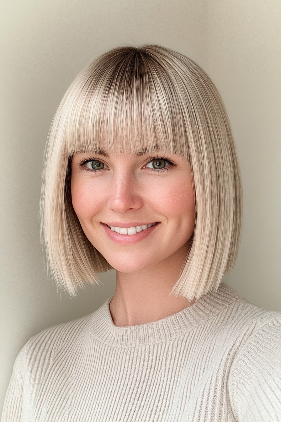 20. Modern Pageboy Cut in Neutral Blonde with Blunt Bangs (Short Blonde Hairstyles With Bangs) - Short Blonde Hairstyles With Bangs