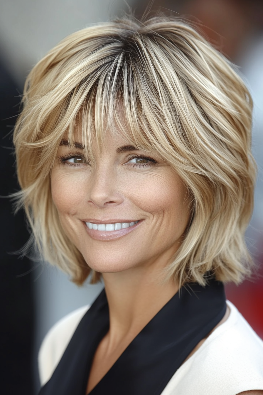 22. Stacked Short Blonde Bob with Angled Bangs (Short Blonde Hairstyles With Bangs) - Short Blonde Hairstyles With Bangs