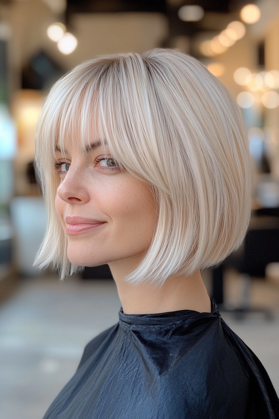 23. Mini Blonde French Bob with Soft Bangs (Short Blonde Hairstyles With Bangs) - Short Blonde Hairstyles With Bangs