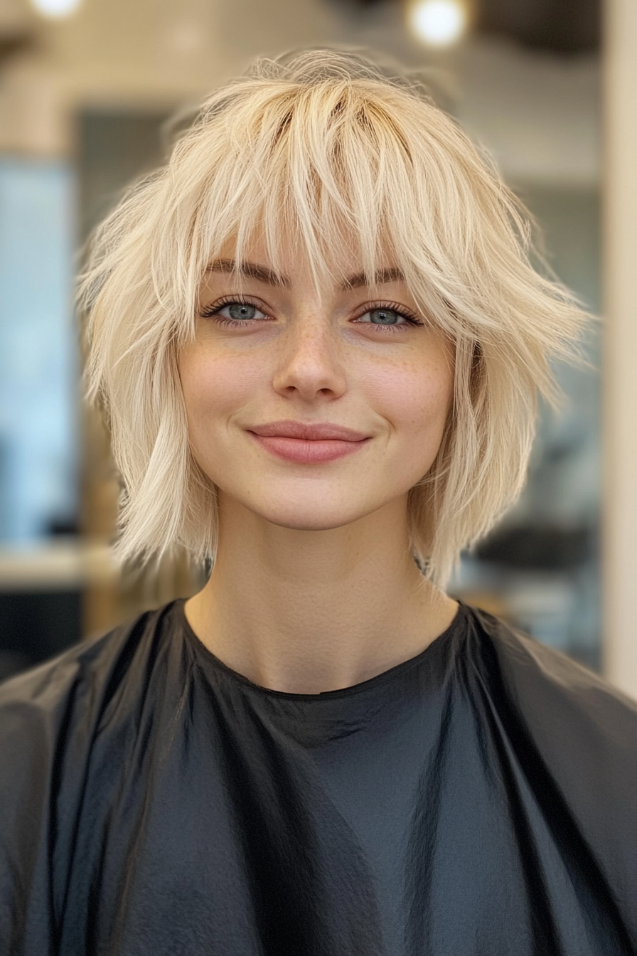 25. Short Blonde Wolf Cut with Shaggy Bangs (Short Blonde Hairstyles With Bangs) - Short Blonde Hairstyles With Bangs
