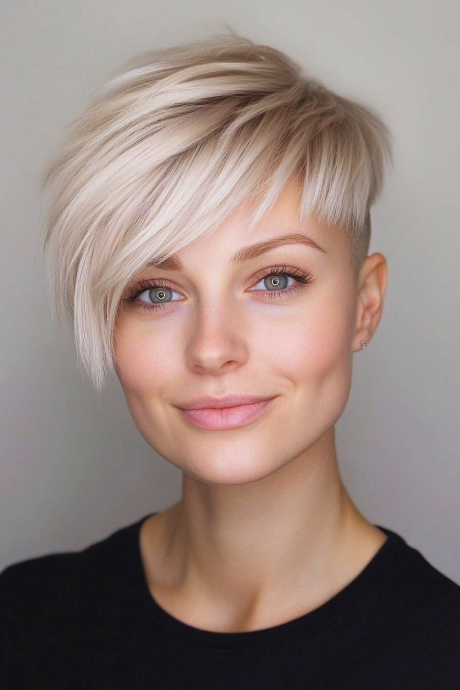 15. Undercut Pixie in Ash Blonde with Side Bangs (Short Blonde Hairstyles With Bangs) - Short Blonde Hairstyles With Bangs