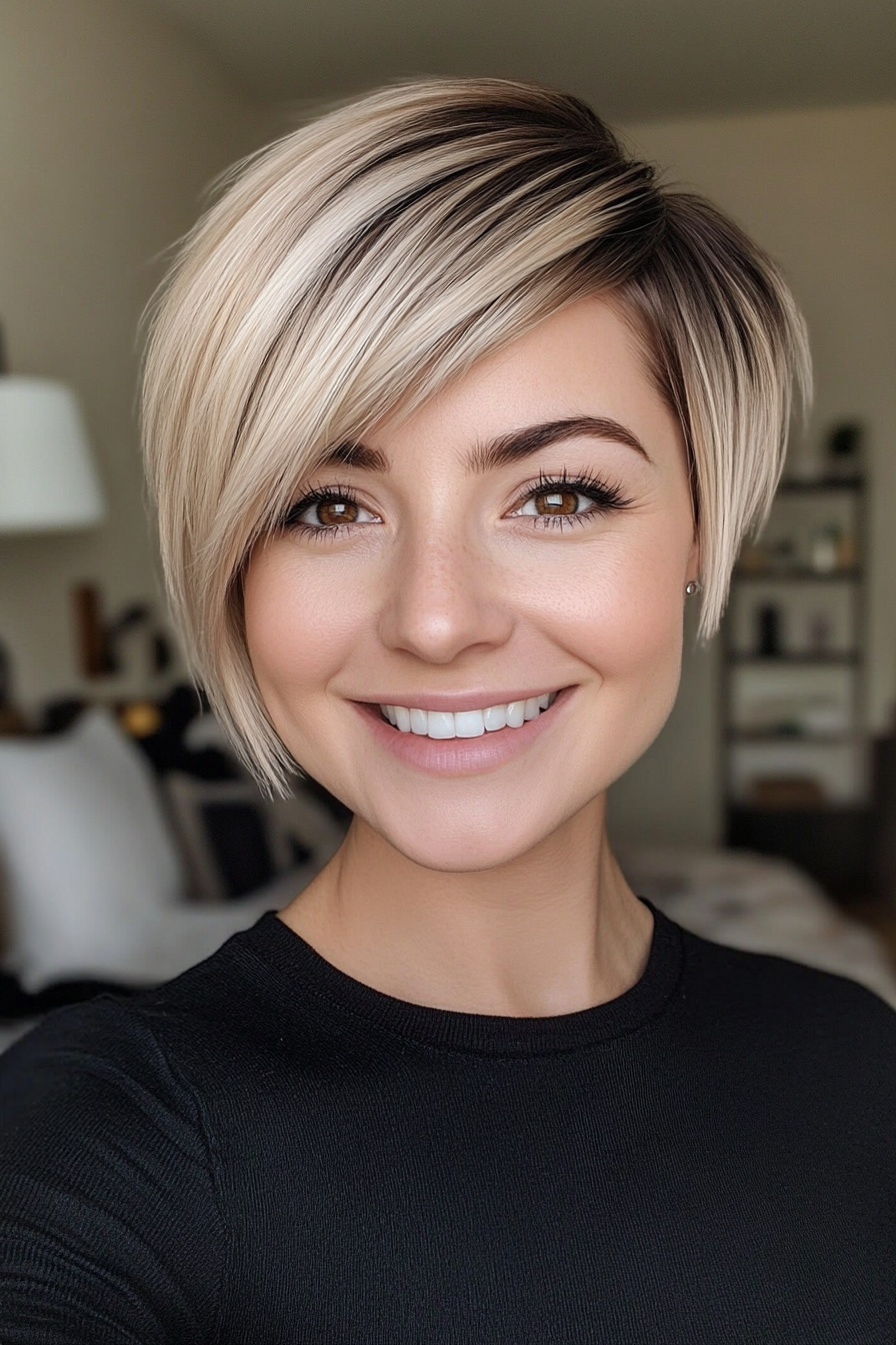 24. Asymmetrical Pixie Cut in Light Blonde with Side Bangs (Short Blonde Hairstyles With Bangs) - Short Blonde Hairstyles With Bangs