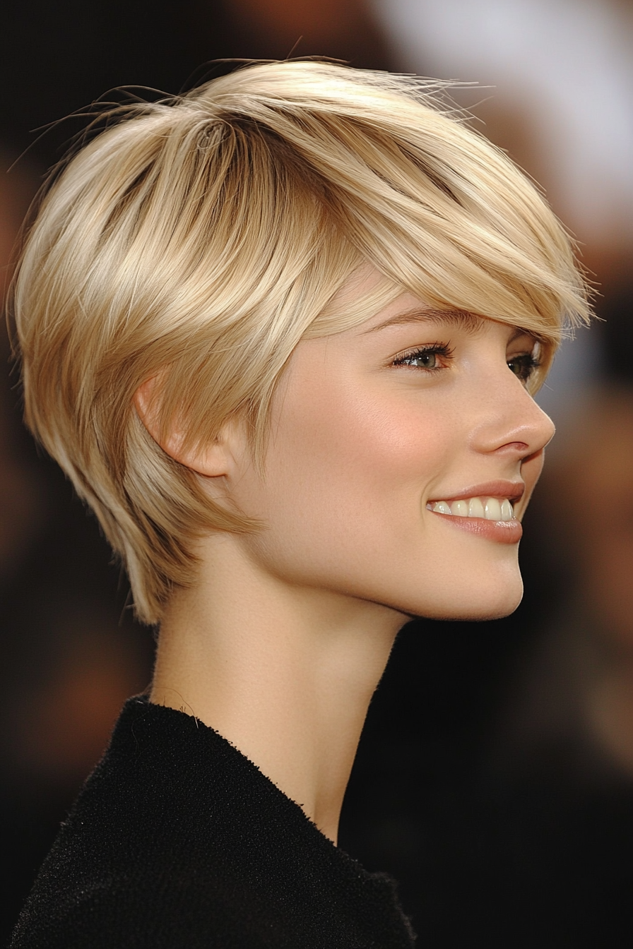 21. Layered Pixie Bob in Beige Blonde with Side-Swept Bangs (Short Blonde Hairstyles With Bangs) - Short Blonde Hairstyles With Bangs