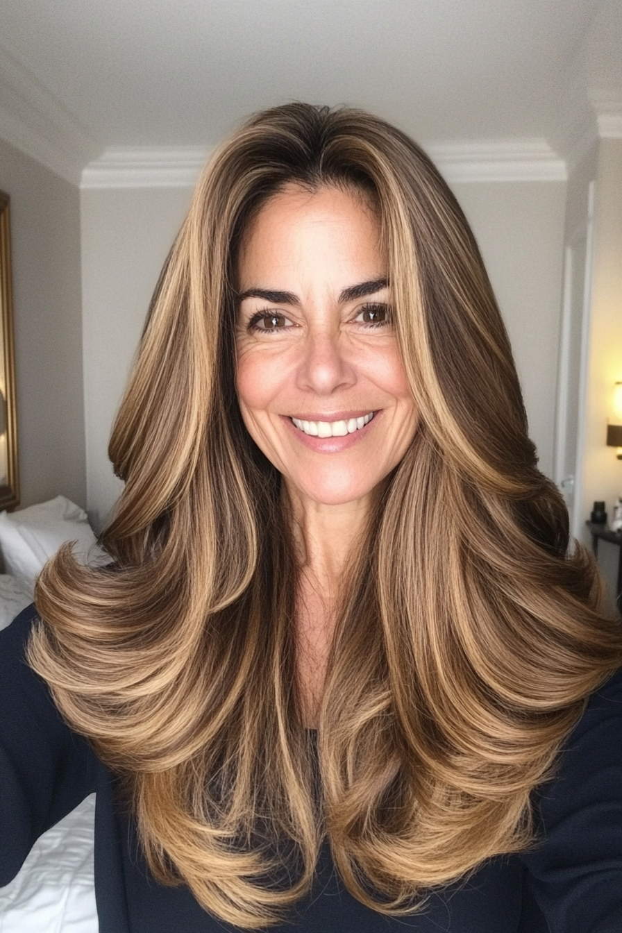 4. Curved Face-Framing Layers in Honey Brown (Long Hairstyles For Women Over 60) - Long Hairstyles For Women Over 60