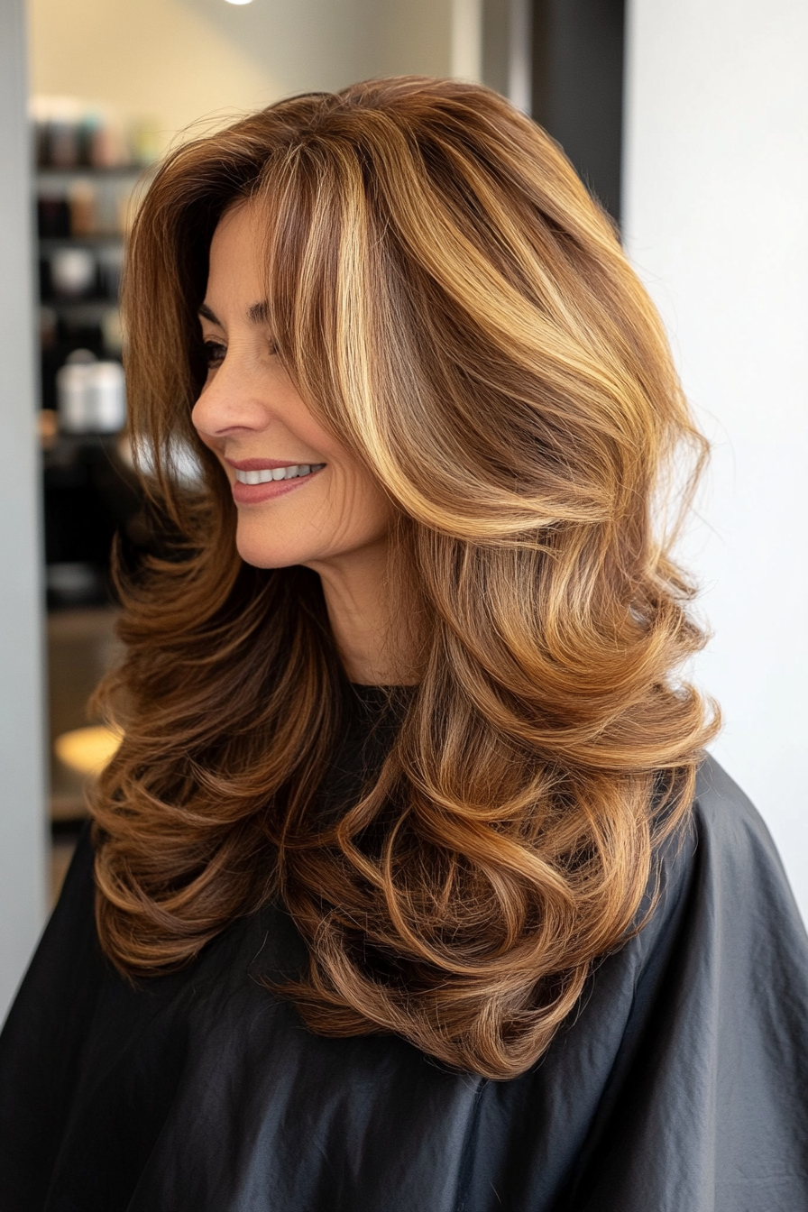 6. Voluminous Curls in Golden Brunette (Long Hairstyles For Women Over 60) - Long Hairstyles For Women Over 60