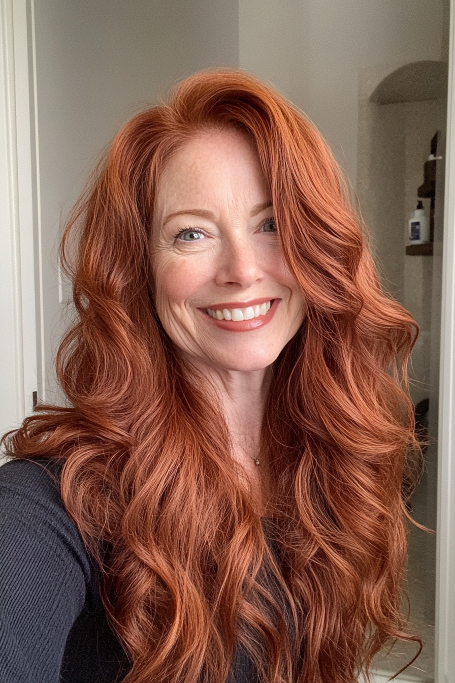 7. Bohemian Waves in Deep Auburn (Long Hairstyles For Women Over 60) - Long Hairstyles For Women Over 60