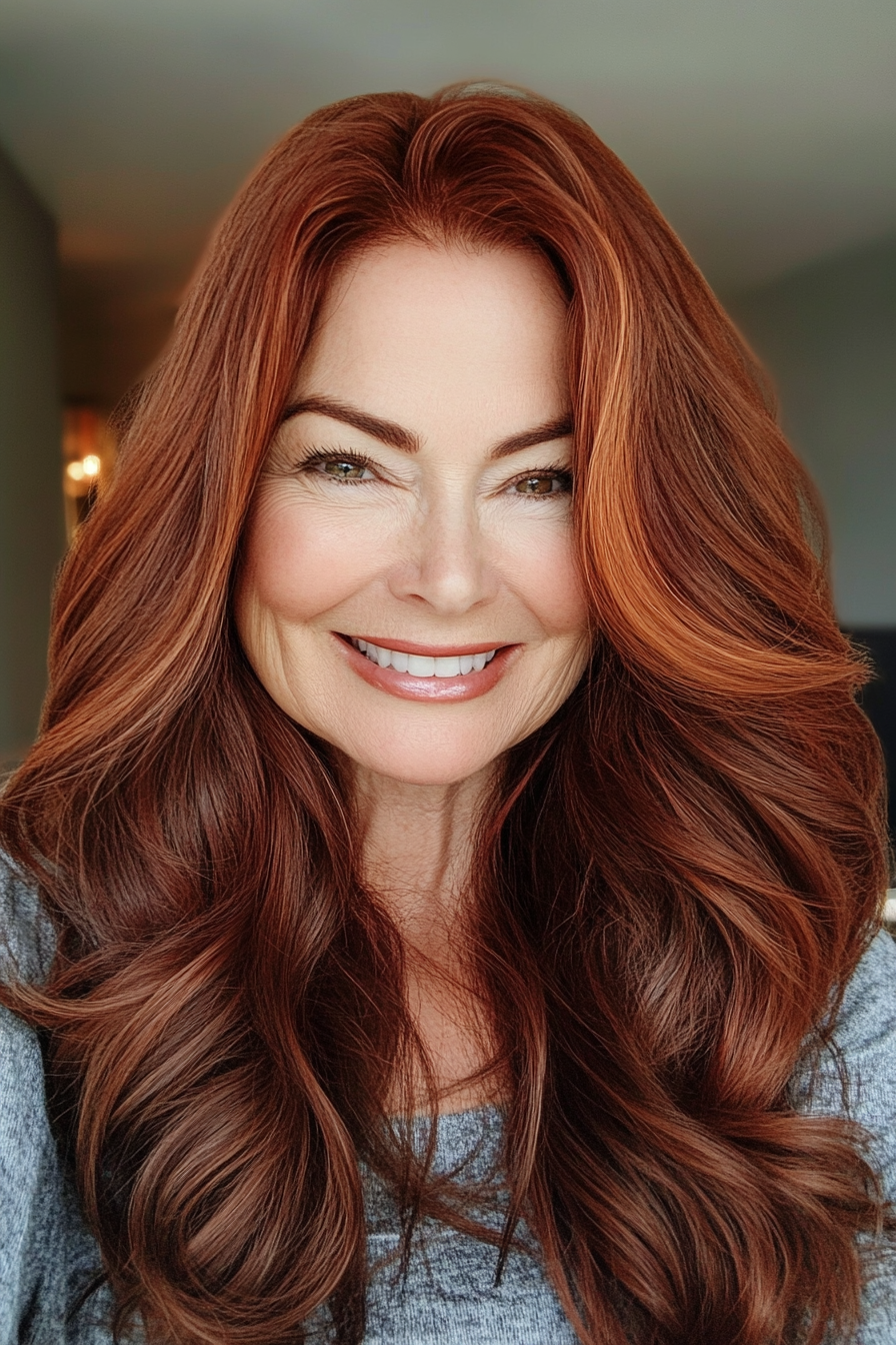 10. Cascading Layers in Warm Mahogany (Long Hairstyles For Women Over 60) - Long Hairstyles For Women Over 60