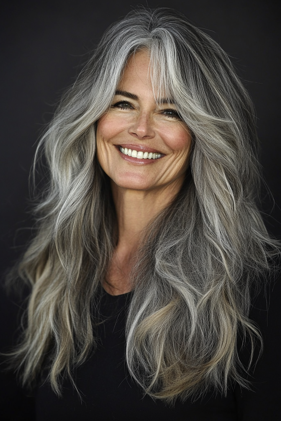 12. Shaggy Layers in Salt-and-Pepper Tones (Long Hairstyles For Women Over 60) - Long Hairstyles For Women Over 60