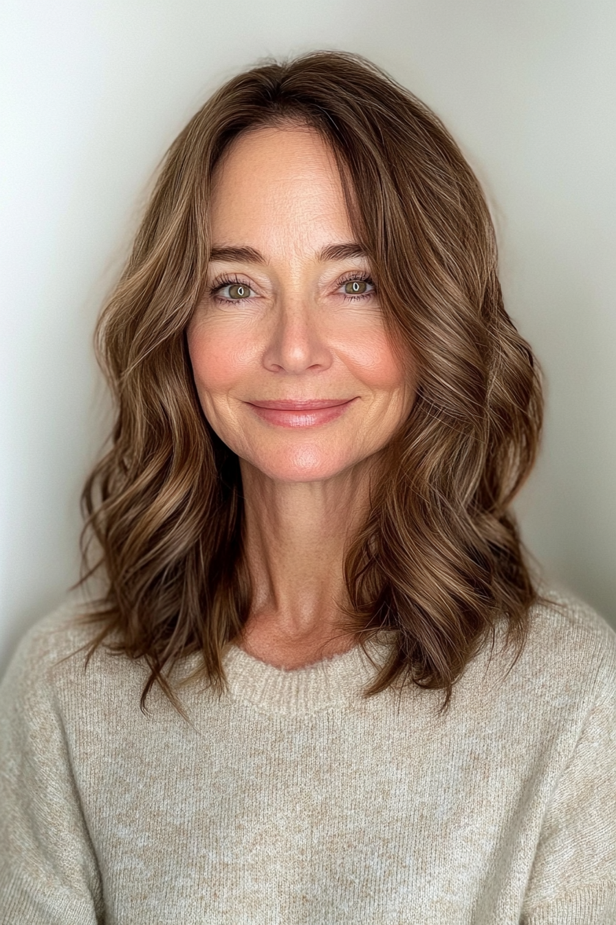 14. Wavy Long Bob in Light Chestnut Brown (Long Hairstyles For Women Over 60) - Long Hairstyles For Women Over 60