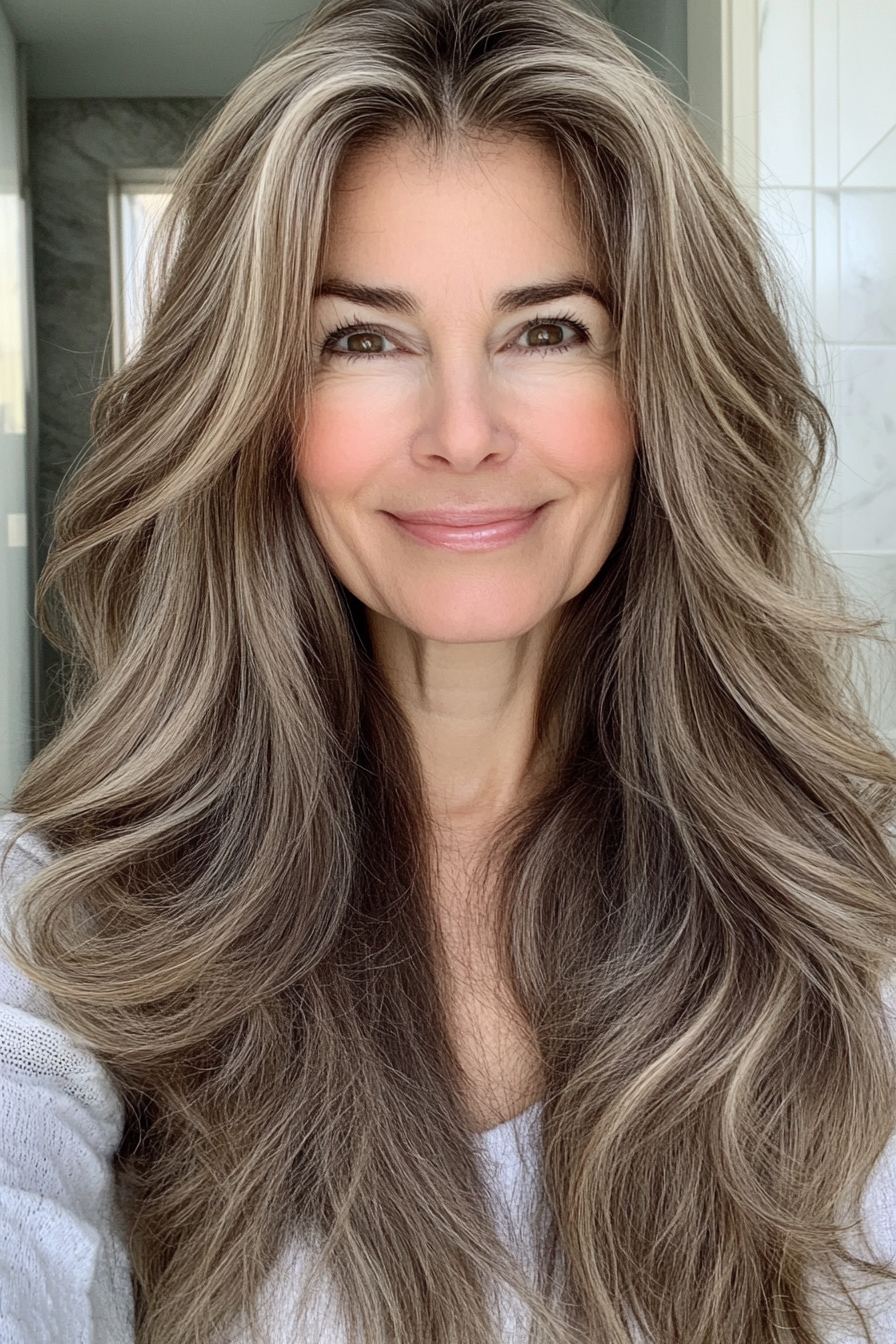 15. Tousled Long Layers in Cool Ash Brown (Long Hairstyles For Women Over 60) - Long Hairstyles For Women Over 60