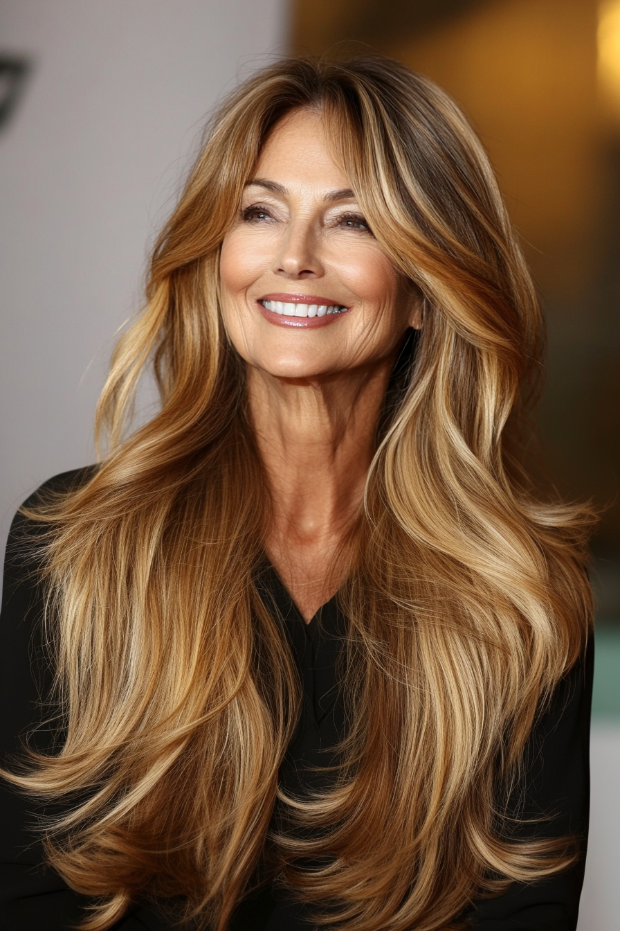 16. Elegant Side-Swept Layers in Golden Honey Blonde (Long Hairstyles For Women Over 60) - Long Hairstyles For Women Over 60