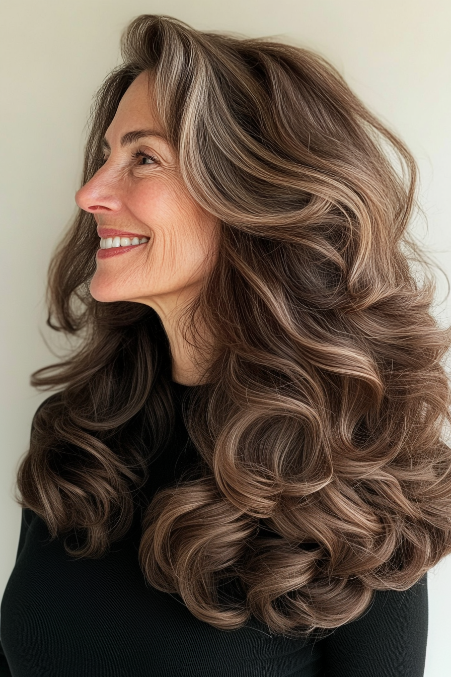 17. Romantic Soft Curls in Deep Cocoa Brown (Long Hairstyles For Women Over 60) - Long Hairstyles For Women Over 60