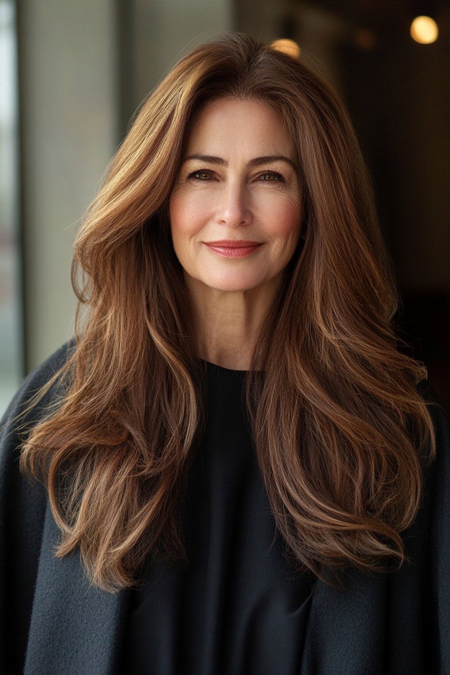 20. Long Tapered Ends in Warm Chestnut Brown (Long Hairstyles For Women Over 60) - Long Hairstyles For Women Over 60