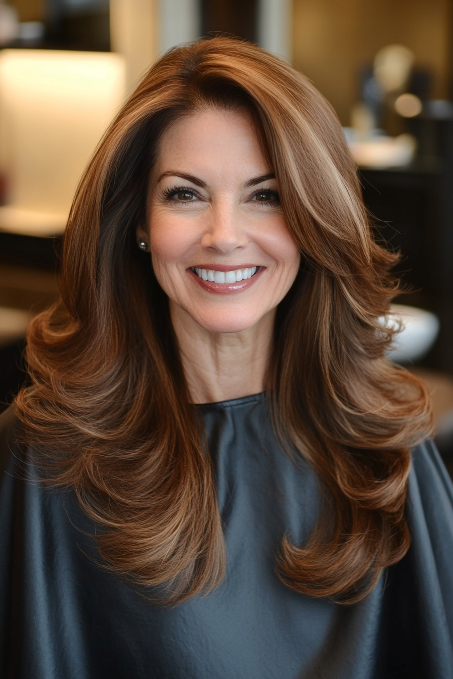 22. Polished Blowout in Rich Hazelnut (Long Hairstyles For Women Over 60) - Long Hairstyles For Women Over 60