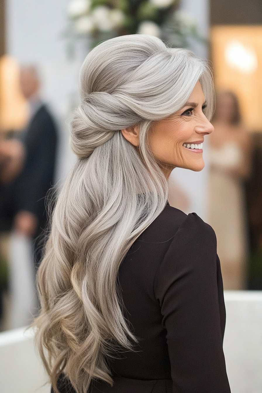 24. Elegant Half-Up Twist in Soft Silver Blonde (Long Hairstyles For Women Over 60) - Long Hairstyles For Women Over 60