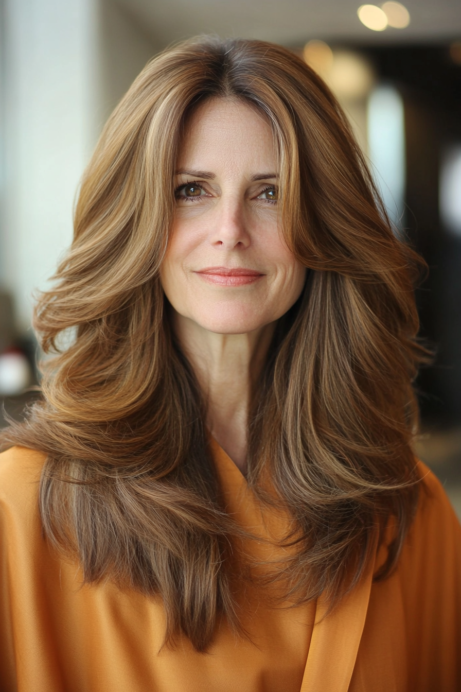 25. Gentle Waterfall Layers in Warm Amber Brown (Long Hairstyles For Women Over 60) - Long Hairstyles For Women Over 60