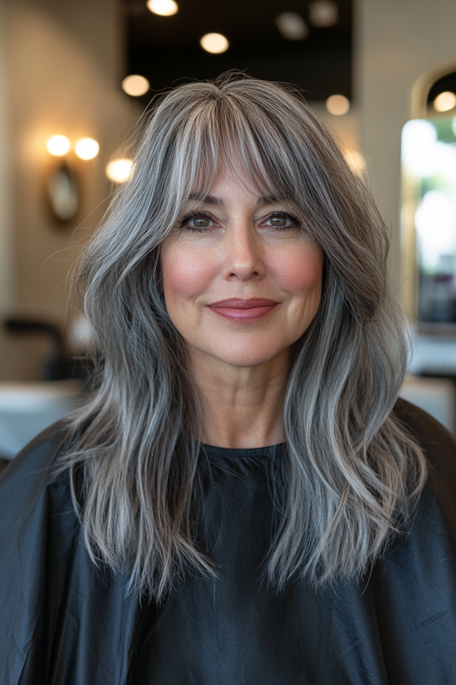 26. Wispy Fringe with Long Waves in Cool Charcoal Gray (Long Hairstyles For Women Over 60) - Long Hairstyles For Women Over 60