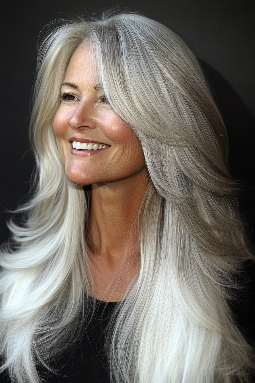 2. Feathered Layers in Silver Blonde (Long Hairstyles For Women Over 60) - Long Hairstyles For Women Over 60