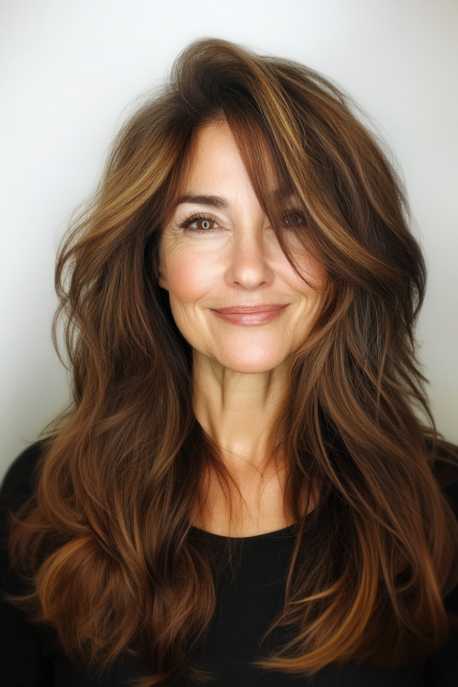 8. Choppy Layered Cut in Caramel Brown (Long Hairstyles For Women Over 60) - Long Hairstyles For Women Over 60
