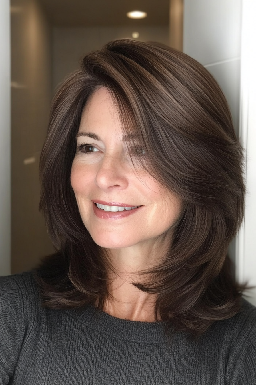 2. Shoulder-Length Feathered Cut in Deep Brown (Best Haircuts For Women Over 50) - Best Haircuts For Women Over 50