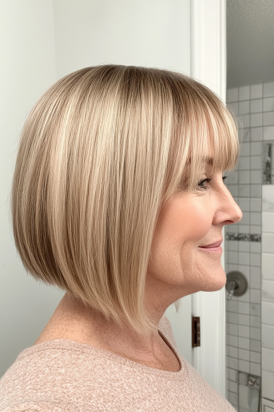 5. Blunt Bob with Wispy Bangs in Honey Blonde (Best Haircuts For Women Over 50) - Best Haircuts For Women Over 50